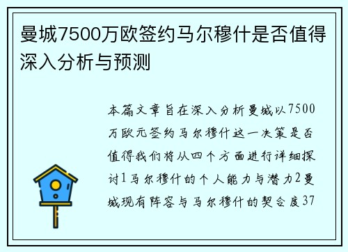 曼城7500万欧签约马尔穆什是否值得深入分析与预测